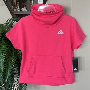 Brand New Adidas Girls Short Sleeve Sweatshirt 3 Stripes Pink Metallic Logo